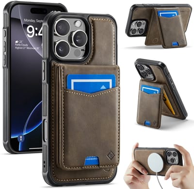 Casemania Hoesje Geschikt voor Apple iPhone 16 Pro Max - Mahogany Brown - Geschikt voor MagSafe - Back Cover met Afneembare Magnetische Pasjeshouder met Standaard - Telefoonhoesje en Kaarthouder