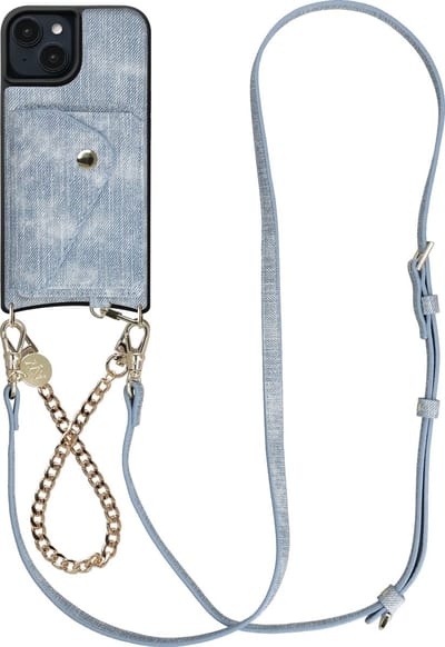 AVY Hoesje geschikt voor Apple iPhone 15 | Met Koord en Kaarthouder | Compatibel met MagSafe | Kunstleren Case met Polsand & Crossbody Koord & Wallet | Gold Denim Set | Denim
