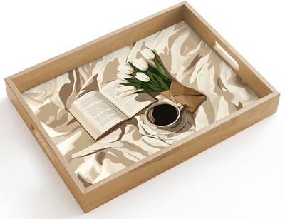 Dienblad hout 40x30 cm - Schootdienblad - Boek - Illustratie - Tulpen - Koffie - Borrelplank rechthoek - Plateau dienbladen
