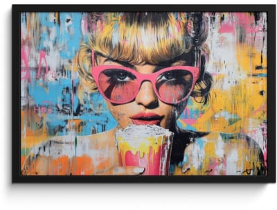 Poster in lijst - Fotolijst 60x40 cm - Posters - Zonnebril - Vrouw - Kleurrijk - Verfspetters - Posterlijst zwart - Decoratie - Wanddecoratie woonkamer - Muurdecoratie slaapkamer