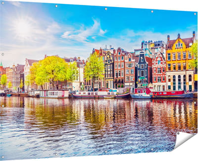 Gards Tuinposter Amsterdamse Huisjes aan het Water - 180x120 cm - Tuindoek - Tuindecoratie - Wanddecoratie buiten - Tuinschilderij