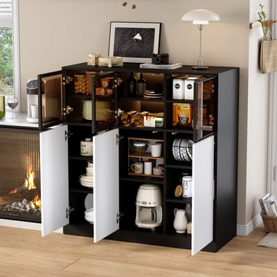 MODFU - Opbergkast Met 6 Deuren En Ledverlichting - Modern - Voor Woonkamer Of Keuken - Spaanplaat En Glas - Zwart En Wit - 100 X 40 X 105 Cm