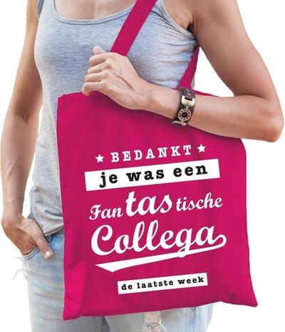 Cadeautas Bedankt je was een fanTAStische collega fuchsia roze katoen - cadeautas voor collega's
