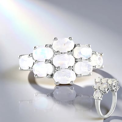 Cavill - 925 Sterling Zilver ring met platina - 3,735 ct Ovaal Regenboog Maansteen - Elegante Cocktailring met Sri Lankaanse Edelsteen