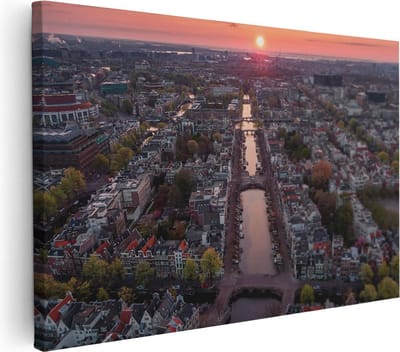 Artaza Canvas Schilderij Zonsondergang - 30x20 cm - Klein - Wanddecoratie Amsterdam - Muurdecoratie Skyline - Kamer Accessoires Grachten