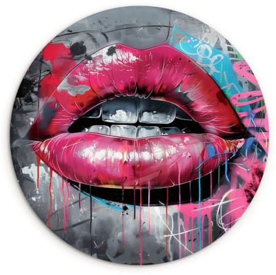 WallCircle® Wandcirkel 120x120 cm - Muurcirkel Lippen - Felroze - Graffiti - Verfstrepen - Muurdecoratie woonkamer - Wanddecoratie slaapkamer - Kamer decoratie accessoires - Ronde schilderijen XXL