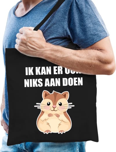 Ik kan er ook niks aan doen hamsteren katoenen tas zwart voor heren - hamsteraars kado / tasje / shopper