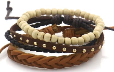 Armbandenset - Kralen en Leer- gevlochten - Bruin - verstelbaar
