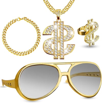 Hip Hop Kostuum Set van 4 Stukken met Decoratieve Punk Accessoires voor Carnaval, Feest en Themafeesten - Inclusief Gouden Zonnebril, Dollar Ketting, Armbanden en Ringen