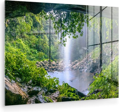 MuchoWow® Glasschilderij 120x90 cm - Schilderij acrylglas - Jungle - Regenwoud - Water - Waterval - Planten - Foto op glas - Muurdecoratie woonkamer - Wanddecoratie slaapkamer - Schilderijen