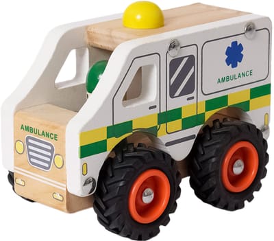Speelgoedtopdeals - Houten Ziekenwagen - Speelgoedauto voor kinderen - Rubberen wielen