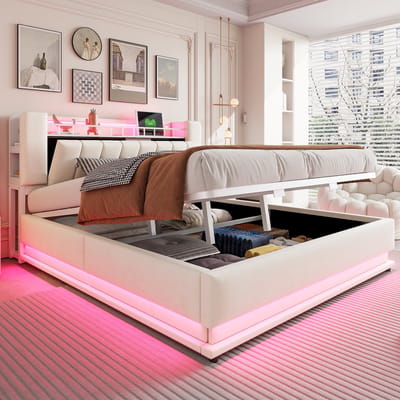 Wishdor Gestoffeerd Bed – 180 x 200 cm – Ledverlichting en Usb-Aansluitingen – Hydraulische Opbergruimte – Fluweel Beige – Opbergruimte in Hoofdbord – Metalen Lattenbodem – Luxe Design voor Moderne Slaapkamer – Stabiel tot 300 kg