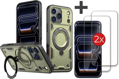 Hoesje Geschikt voor iPhone 17 Pro met 2 Stuks gehard glas Screenprotector - Armor hoes met Ringhouder - Arara backcover - Groen