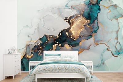 Behang - Fotobehang Marmer print - Goud - Blauw - Breedte 330 cm x hoogte 220 cm