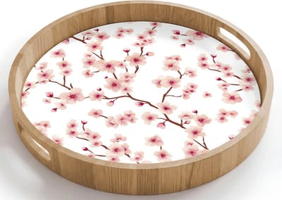 Dienblad rond 40x40 cm - Schootdienblad hout - Kersenbloesem - Takken - Roze - Borrelplank rechthoek - Plateau houten dienbladen