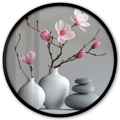 Poster in lijst Rond - Fotolijst 40x40 cm - Posters - Magnolia - Bloemen - Roze - Zen stenen - Ronde posterlijst zwart - Decoratie - Wanddecoratie woonkamer - Muurdecoratie slaapkamer