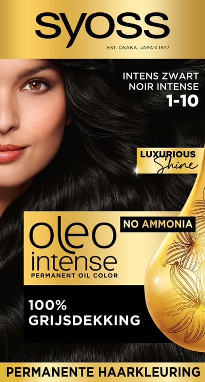 Syoss Oleo Intense 1-10 Haarverf - Intens Zwart - Permanente Haarkleuring - Ammoniakvrij - Met Voedende Oliën - 100% Grijsdekking - Langdurige Kleur - 1 stuk