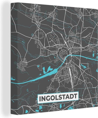 Canvas Schilderij Stadskaart – Kaart – Ingolstadt – Blauw – Duitsland – Plattegrond - 20x20 cm - Wanddecoratie