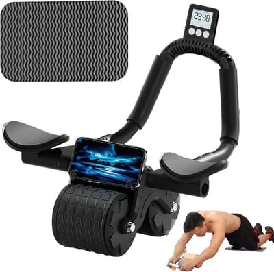 FIBILA Ab Workout Roller - Buikspierwiel - Buikspiertrainers - Ab Wheel - Buikspieren - Fitnessapparaat - Inclusief Mat - Compact Design - Zwart