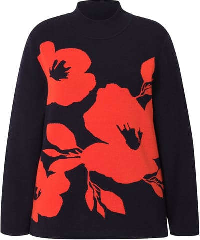 Ulla Popken - Dames - Trui bloemen oversized opstaande kraag lange mouwen - Marine - Maat 46+