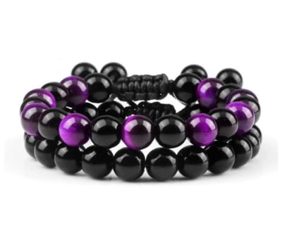 EmmyRovi Kralenarmband Set Zwart Paars – 2 Armbanden – Verstelbare Armband met Paarse Glans-Look Kralen – Stoere Sieraden Set voor Hem en Haar