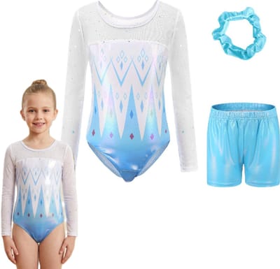Turnpakje – Turnen - Gymnastiekpakje zomer met Mouw - Turnpakje mouw - Maat 120 - Blauw met Wit met Glitters en Strass Steentjes - Ballet pakje - LOUZIR
