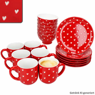 18-delig ontbijset LOVE (All over Hart) rood met witte harten voor 6 personen van porselein – 24310119, 24310135 & 24310143