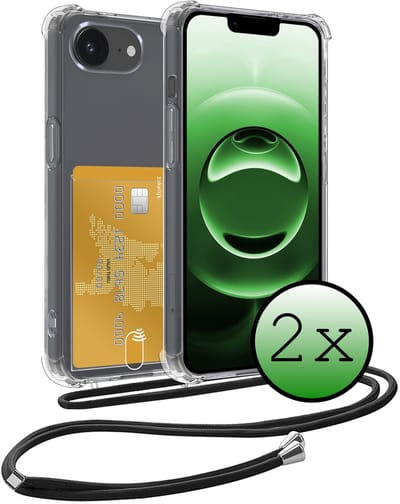 Hoes Geschikt voor iPhone 16e Hoesje Pas Houder Shock Proof Case Hoes Met Koord - Hoesje Geschikt voor iPhone 16e Hoes Met Telefoonkoord Pasjeshouder Cover - Transparant - 2 Stuks