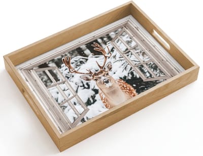 Dienblad hout 40x30 cm - Schootdienblad - Doorkijk - Hert - Sneeuw - Winter - Bos - Dieren - Natuur - Borrelplank rechthoek - Plateau dienbladen