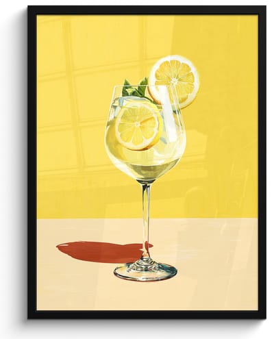 Poster in lijst - Fotolijst 50x70 cm - Posters - Wijnglas - Citroen - Geel - Minimalistisch - Posterlijst zwart - Decoratie - Wanddecoratie woonkamer - Muurdecoratie slaapkamer