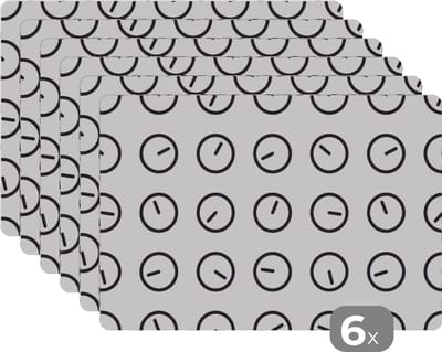 Placemat - Placemats kunststof - Klok - Patronen - Minimalisme - 45x30 cm - 6 stuks - Hittebestendig - Anti-Slip - Onderlegger - Afneembaar
