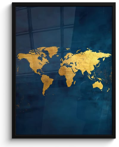 Poster in lijst - Fotolijst 60x80 cm - Posters - Wereldkaart - Goud - Donkerblauw - Posterlijst zwart - Decoratie - Wanddecoratie woonkamer - Muurdecoratie slaapkamer