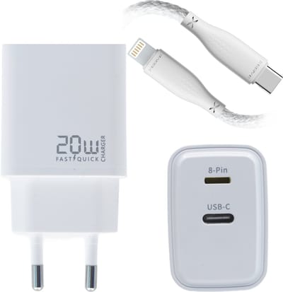 Unieke 20W Snellader met Lightning & USB-C Poort - Omkeerbaar Ontwerp - Geschikt voor iPhone & Samsung - USB C Oplader met 2 Poorten & USB-C Naar Lightning Kabel