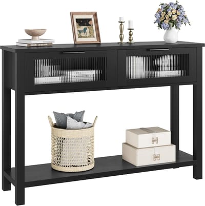 Consoletafel- halmeubel met glazen deuren- entreetafel- laag houten dressoir- afmetingen 120 x 30 x 80 cm- zwart