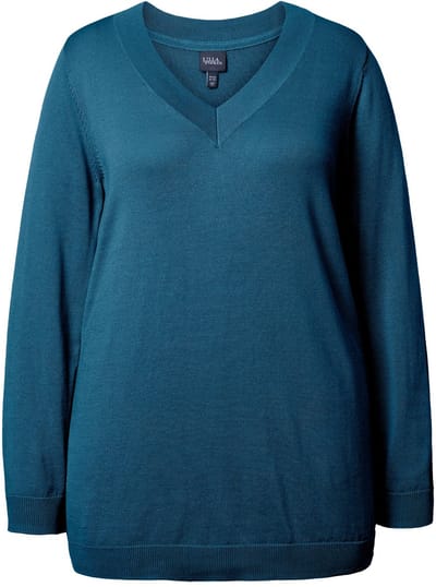 Ulla Popken - Dames - Trui V-hals lange mouw zacht fijn breisel - Blauwgroen - Maat 42+