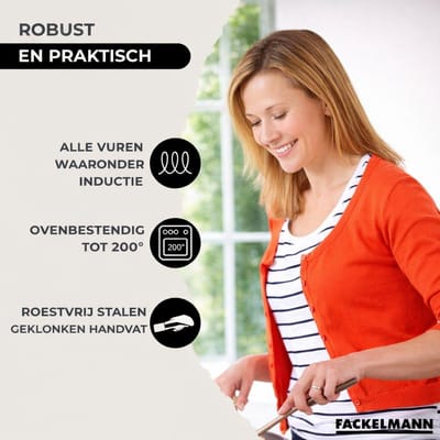 Set van 2 pannen 20 en 28 cm van roestvrij staal en 6 Fackelmann Eterna keukengerei
