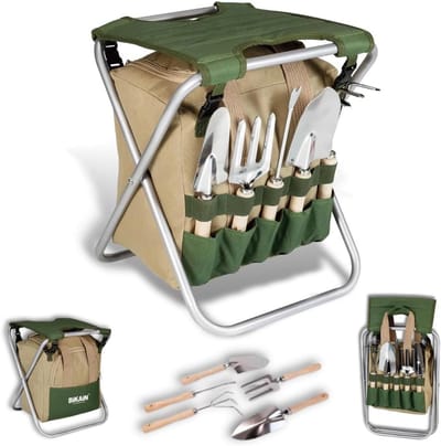 Opvouwbare Kruk met Tuinaccessoires - Inclusief 5 Handgereedschappen en Opbergtas