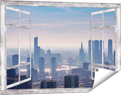 Gards Tuinposter Doorkijk Rotterdamse Skyline - 90x60 cm - Tuindoek - Tuindecoratie - Wanddecoratie buiten - Tuinschilderij