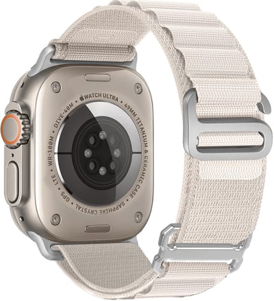 Stravo Alpine Loop Nylon Bandje Geschikt voor Apple Watch 46mm (Series 10/11), 45mm (Series 7/8/9), 44mm (Series 4/5/6, SE 1/2/3), 49mm (Ultra 1/2/3) – Starlight/Zilver - Sportief Horlogebandjes met 6-Haak Sluiting