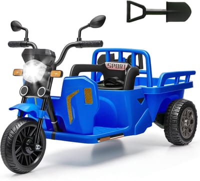 Elektrische Kindermotor met Aanhanger en Schep - 12V Accu Voertuig voor Kinderen - met Afstandsbediening, Bluetooth, LED Verlichting en Muziek - Driewieler - 3 tot 6 Jaar - Donkerblauw