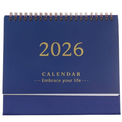 Dailygoods- Tafelkalender 2025-2026 - Compacte Flip-Planner - Donkerblauw - Staande Kalender - 18 x 16,5 cm - Modern Design