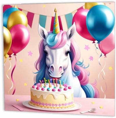 Verjaardagskaart Eenhoorn - Kinderkaart Feest - Verjaardag Vieren - Met Dierenprint - 145 x 145mm - Wit
