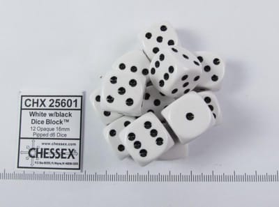 Chessex Opaque wit zwart D6 16mm Dobbelsteen Set 12 stuks.