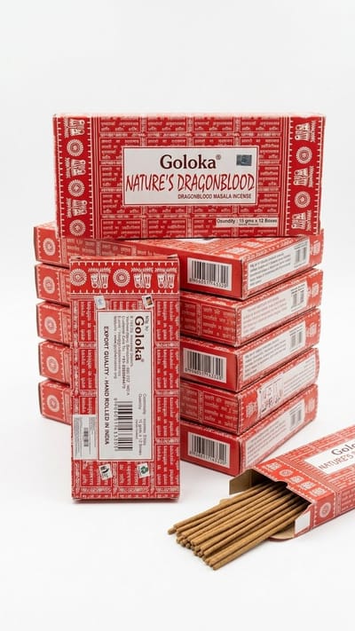 Goloka Dragonblood Masala Wierook - Voordeelverpakking 12 x 15g - Hoogwaardige Handgerolde Wierook uit India - Voor een Rustgevende Sfeer Met Kajal Sticker
