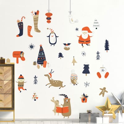 Kerststickers van de Kerstman en zijn dieren - zelfklevende kerststickers - feestdecoraties - 50x55cm