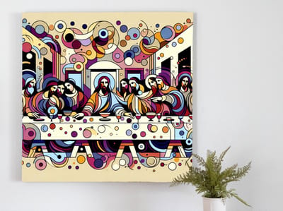 Abstract laatste avondmaal schilderij | Het Hemelse Banket: Een Abstracte Verbeelding van Het Laatste Avondmaal | Kunst - 75x75 centimeter op Forex | Foto op Forex