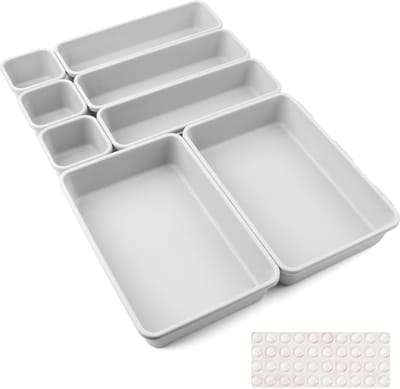 8 Stuks Plastic Lade Organizer Bakjes Lade Makeup Drawer Organizer 3 Formaten Lichtgrijs Bathroom Bureau Kast Organizer voor Make-Up, Sieraden En Gadgets, Slaapkamer, Badkamer, Kantoor