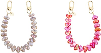 xoxo Wildhearts telefoonkoorden Funky Hearts Charm Cord Champagne Pearl + Funky Hearts Charm Cord Pink Red Metallic – charmante telefoonkettingen met hartjes en pareldetail – speels en elegant – geschikt voor iPhone / Samsung
