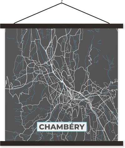 Posterhanger incl. Poster 60x60 cm - Schoolplaat - Chambéry - Stadskaart - Kaart - Frankrijk - Plattegrond - Textielposter - Zwarte latten - Stadskaart