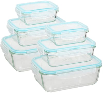 5Five Vershoudbakjes met deksel - glas - set 6x stuks - 330/800/1730 ml - luchtdicht - met clips